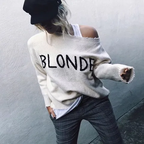 Γυναικείο Χαλαρό Street Style Πλεκτό Πουλόβερ με Κεντημένο Γράμμα BLONDE Στρογγυλή Λαιμόκοψη Μείγμα Μαλλιού Κουνελιού Μακρυμάνικο