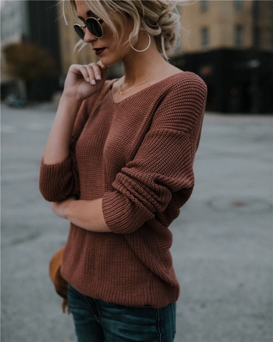 Maglione da Donna Sexy Scollo a V Schiena Scoperta Lavorato a Maglia Twist Back Manica Lunga Morbido Acrilico Tinta Unita alla Moda