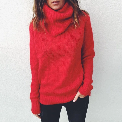 Women High Neck Knit Sweater Pullover Mohair Blend Loose Oversized Solid Color Winter Long Sleeve Warm Thick Ribbed Top