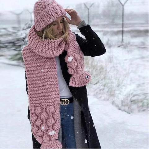 Sciarpa da Donna in Maglia Grossa Lavorata a Mano con Punto Popcorn Oversized Calda Sciarpa Invernale Set con Cappello Tinta Unita