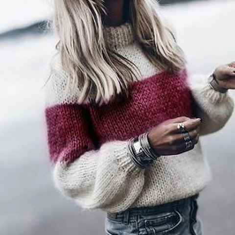 Pull Femme Décontracté en Tricot Mohair Color-block Rayé Col Rond Manches Longues Pullover Oversize