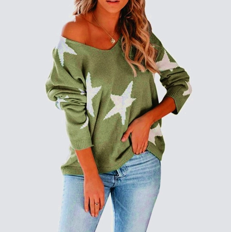 Suéter de Punto Jacquard de Estrellas Casual para Mujer Cuello en V Corte Suelto Pullover Manga Larga Chic Top de Punto