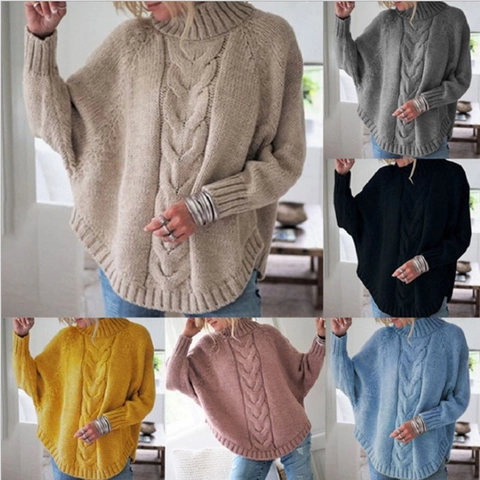 Damen Lose Fledermausärmel Zopfmuster Strickpullover Rollkragen Oversize Pullover Lässig Weich Warm Gestrickte Jumper Winter Herbst Top