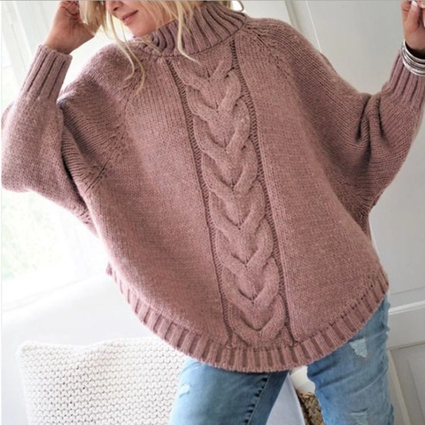 Damen Lose Fledermausärmel Zopfmuster Strickpullover Rollkragen Oversize Pullover Lässig Weich Warm Gestrickte Jumper Winter Herbst Top