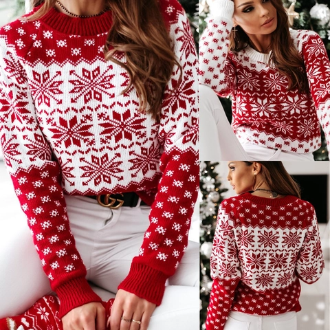 Pull de Noël en Tricot pour Femme Motif Flocon de Neige Col Rond Manches Longues Chandail Festif d'Hiver