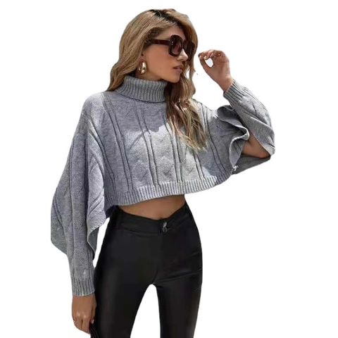 Suéter Corto de Cuello Alto con Tejido de Trenzas para Mujer Moda Manga de Murciélago Pullover Oversize Estilo Urbano