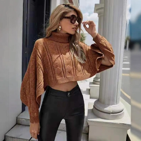 Suéter Corto de Cuello Alto con Tejido de Trenzas para Mujer Moda Manga de Murciélago Pullover Oversize Estilo Urbano