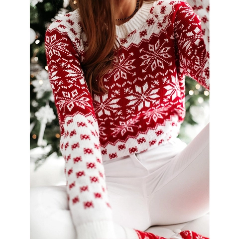 Pull de Noël en Tricot pour Femme Motif Flocon de Neige Col Rond Manches Longues Chandail Festif d'Hiver