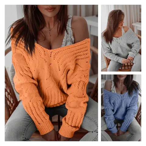 Maglione Donna Con Scollo a V Doppio Spalle Scoperte Maglia a Trecce Casual Largo Manica Lunga Pullover Caldo Top