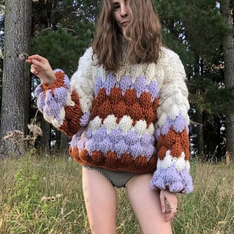 Suéter de Punto Grueso Hecho a Mano para Mujer Bloque de Color Pullover Oversize Grueso Invierno Manga Linterna