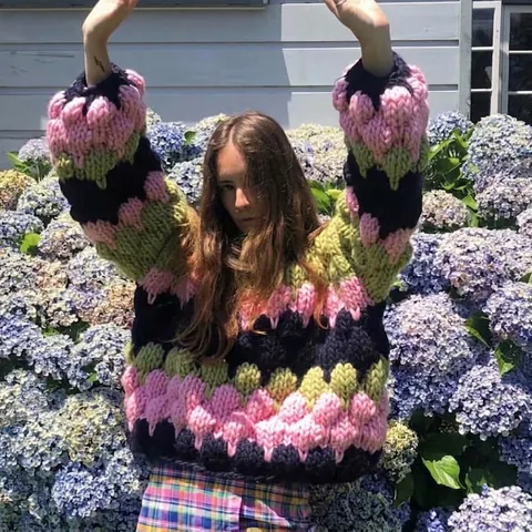 Suéter de Punto Grueso Hecho a Mano para Mujer Bloque de Color Pullover Oversize Grueso Invierno Manga Linterna