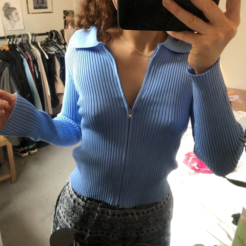 Γυναικείο Casual Ριγέ Πλεκτό Crop Top Με Διπλό Φερμουάρ Γιακά Polo Μακρύ Μανίκι Στενή Εφαρμογή Ζακέτα Από Μείγμα Βαμβακιού