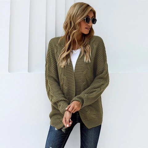 Damen Oversized Zopfmuster Strickjacke Offene Front Fledermausärmel Langarm Gerippt Einfarbig Casual Pullover