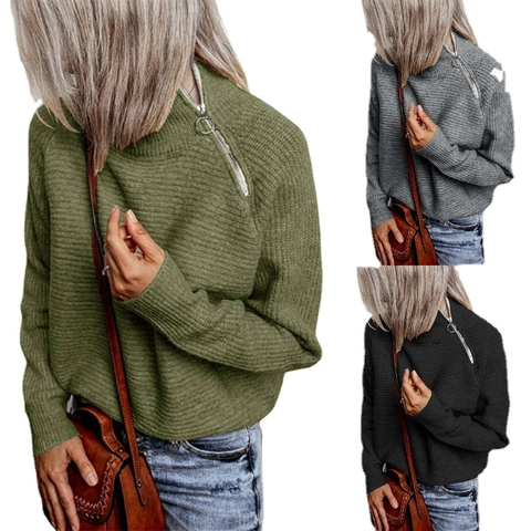 Women Casual Solid Ribbed Knit Sweater Shoulder Zipper Mock Neck Long Sleeve Pullover Autumn Winter Warm Jumper Top
