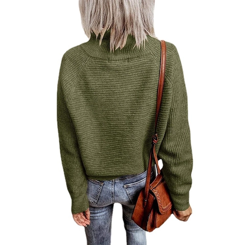 Women Casual Solid Ribbed Knit Sweater Shoulder Zipper Mock Neck Long Sleeve Pullover Autumn Winter Warm Jumper Top