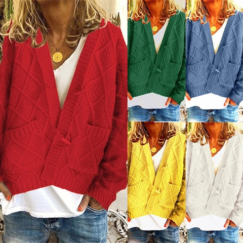 Damen Lockerer V-Ausschnitt Zopfstrick Strickjacke Pullover Casual Rautenmuster Strickwaren Mit Taschen Langarm Knopfleiste Top