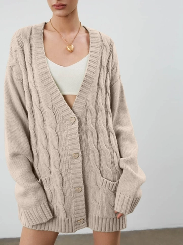 Cardigan da Donna Lunghezza Media in Maglia a Trecce Con Bottoni a Cuore Casual Scollo a V Manica Lunga Cappotto in Maglione