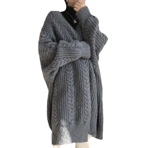 Cárdigan de Punto Trenzado Oversize para Mujer Manga Larga Cuello en V Longitud Media Frente Abierto Suéter de Punto Grueso Abrigo
