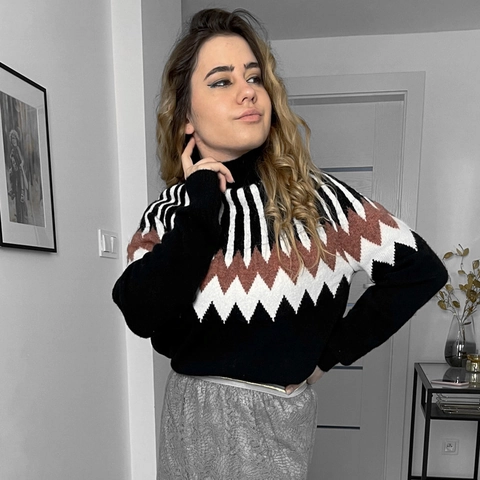 Women's Fair Isle Geometric Knit Sweater Half High Neck Long Sleeve Loose Fit Casual Warm Pullover Winter Tops