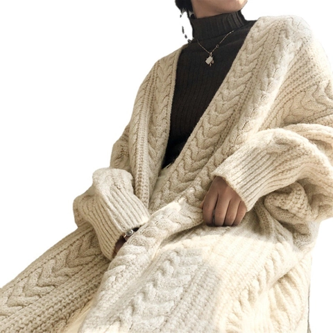 Cárdigan de Punto Trenzado Oversize para Mujer Manga Larga Cuello en V Longitud Media Frente Abierto Suéter de Punto Grueso Abrigo
