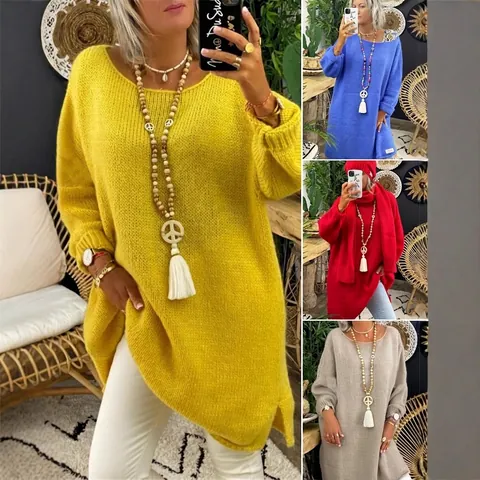 Maglione da Donna Casual in Maglia Larga Lunghezza Media Tinta Unita Girocollo Oversize Caldo Manica Lunga Streetwear