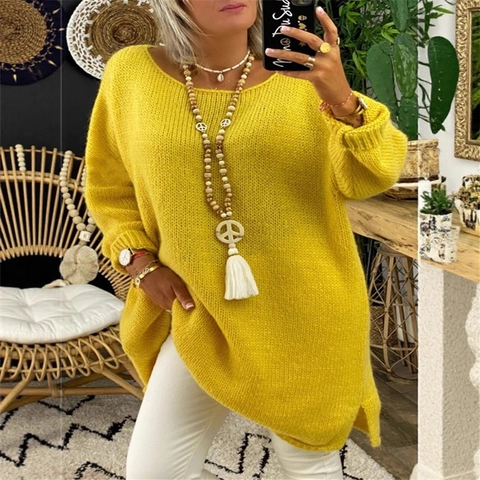 Maglione da Donna Casual in Maglia Larga Lunghezza Media Tinta Unita Girocollo Oversize Caldo Manica Lunga Streetwear