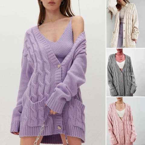 Cardigan da Donna Lunghezza Media in Maglia a Trecce Con Bottoni a Cuore Casual Scollo a V Manica Lunga Cappotto in Maglione