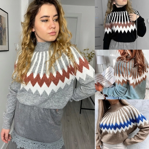 Women's Fair Isle Geometric Knit Sweater Half High Neck Long Sleeve Loose Fit Casual Warm Pullover Winter Tops