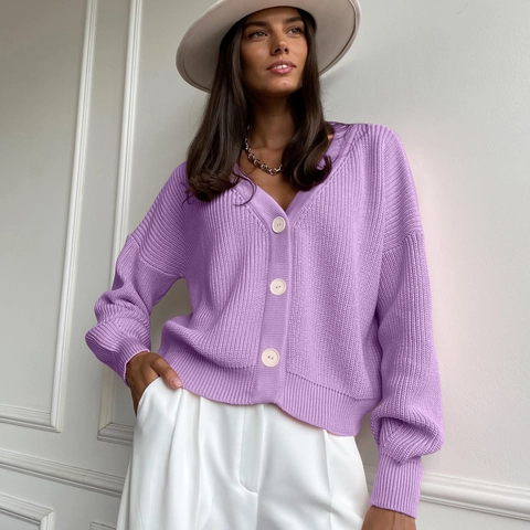 Cardigan in Maglia con Scollo a V da Donna Maglione con Bottoni Morbido Misto Lana Acrilica a Maniche Lunghe Tinta Unita