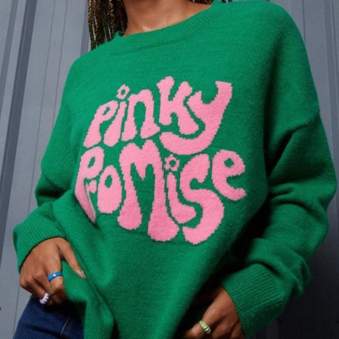 Suéter de Punto Casual Oversized para Mujer Manga Larga Cuello Redondo Pullover con Gráfico de Letras Jacquard Holgado