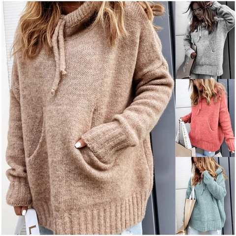 Damen Casual Übergroßer Grobstrick Hoodie Pullover Mit Kängurutasche Einfarbig Locker Langarm Streetwear Kapuzenpullover