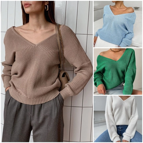 Γυναικείο Casual Πουλόβερ V-Λαιμόκοψη Χαλαρή Πλέξη Off-shoulder Μακρύ Μανίκι Μονόχρωμο Top Commuter Style