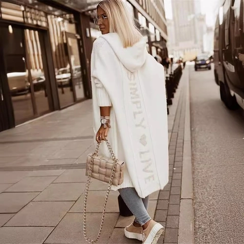 Women Hooded Knitted Cardigan Sweater Mid Length Loose Fit Sheep Wool Blend Letter Heart Print Open Front Autumn Coat