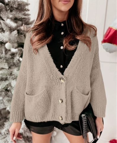 Dames Losse Gebreide Cardigan met V-hals en Zakken Effen Kleur Lange Mouw Single Breasted Oversized Trui voor Herfst Winter