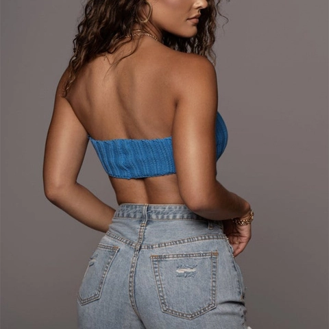 Top a Fascia in Maglia di Poliestere da Donna Orlo a Fazzoletto Senza Spalline Crop Top Aderente Senza Maniche Tinta Unita