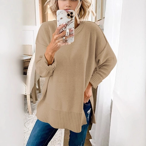 Women Oversized Knit Sweater Round Neck Long Sleeve Side Slit Ribbed Hem Warm Autumn Winter Pullover Solid Color Jumper Top