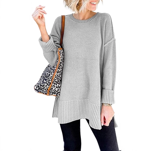 Women Oversized Knit Sweater Round Neck Long Sleeve Side Slit Ribbed Hem Warm Autumn Winter Pullover Solid Color Jumper Top