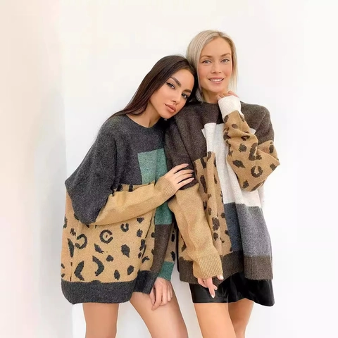 Maglione in Maglia da Donna con Stampa Leopardata e Patchwork a Blocchi di Colore Girocollo Oversize Casual Autunno