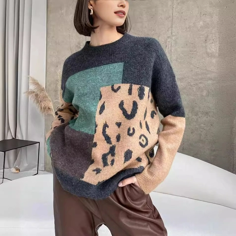 Maglione in Maglia da Donna con Stampa Leopardata e Patchwork a Blocchi di Colore Girocollo Oversize Casual Autunno