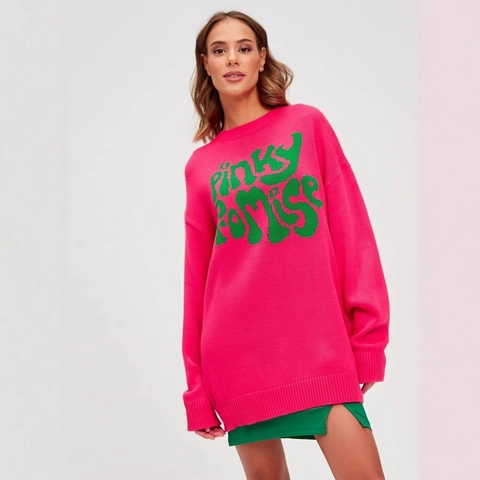 Suéter de Punto Casual Oversized para Mujer Manga Larga Cuello Redondo Pullover con Gráfico de Letras Jacquard Holgado