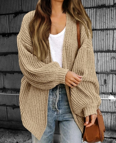 Damen Oversize Grobstrickjacke Laternenärmel Vorne Offen Lose Casual Strickwaren Pullover Mantel