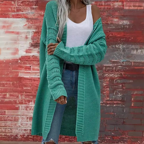 Cardigan Lungo in Maglia da Donna Scollo a V Aperto Sul Davanti Maglieria Tinta Unita Cappotto Maglione Manica Lunga Giacca Autunnale