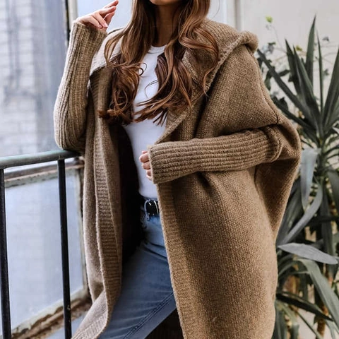 Damen Kapuzenstrickjacke Mittellang Oversized Fledermausärmel Vorne Offener Pullover Schafkaschmirmischung Oberbekleidung