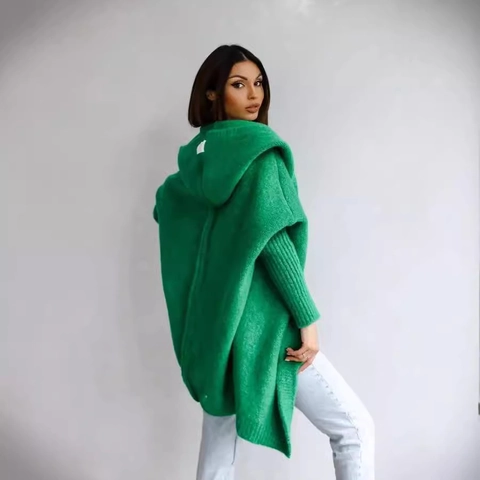 Damen Kapuzenstrickjacke Mittellang Oversized Fledermausärmel Vorne Offener Pullover Schafkaschmirmischung Oberbekleidung