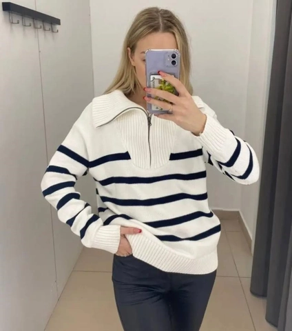 Suéter de Punto a Rayas para Mujer Casual Media Cremallera Cuello Alto Manga Larga Pullover Oversized Estilo Preppy Otoño Invierno Top