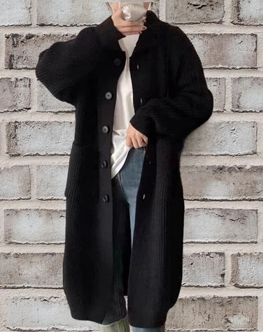 Donna Stile Casual Revers Monopetto Tinta Unita Manica Lunga Cardigan in Maglia Cappotto Lungo in Maglione Autunno Inverno
