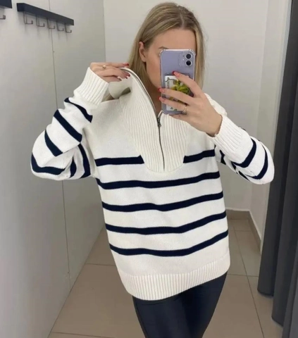 Suéter de Punto a Rayas para Mujer Casual Media Cremallera Cuello Alto Manga Larga Pullover Oversized Estilo Preppy Otoño Invierno Top