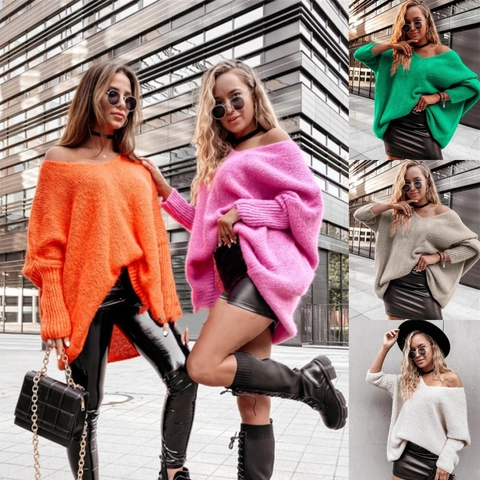 Damen Lockerer Fledermausärmel Strickpullover V-Ausschnitt Off-Shoulder Oversized Casual Jumper Candy Farben Streetwear