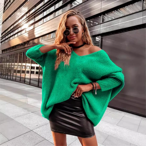 Damen Lockerer Fledermausärmel Strickpullover V-Ausschnitt Off-Shoulder Oversized Casual Jumper Candy Farben Streetwear