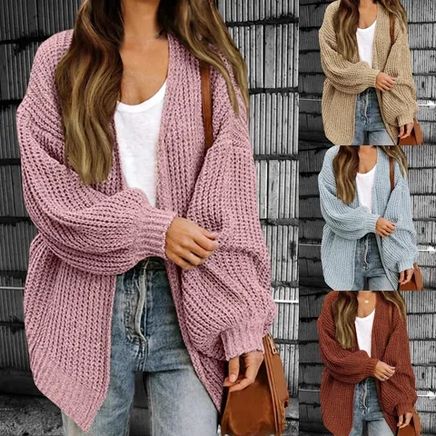Damen Oversize Grobstrickjacke Laternenärmel Vorne Offen Lose Casual Strickwaren Pullover Mantel
